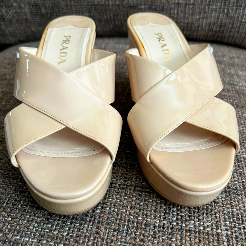 Prada Patent Crisscross Sandal Slide, Cream Lacca, Wedge, Size 37